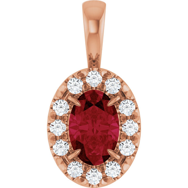 14K Gold Emerald Natural Ruby Halo-Style Necklace or Pendant - Rose Gold