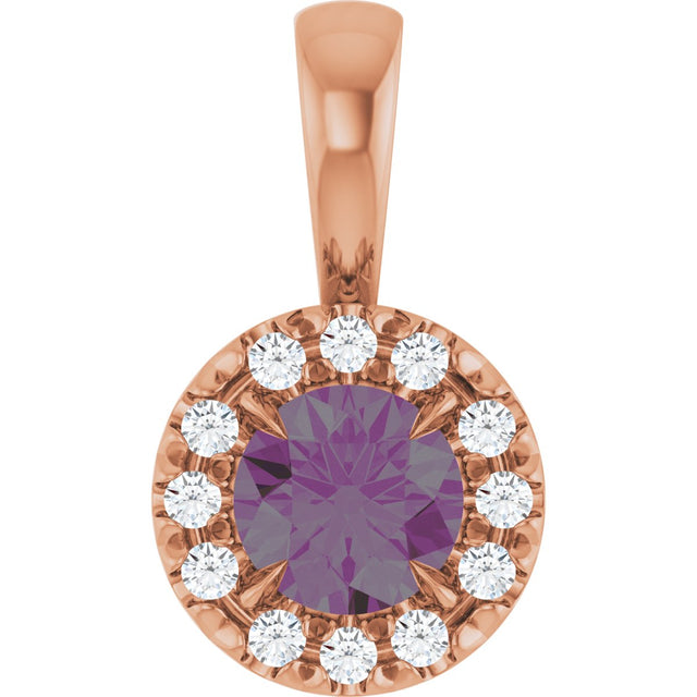 14K Gold Emerald Lab-Grown Alexandrite Halo-Style Necklace or Pendant - Rose Gold