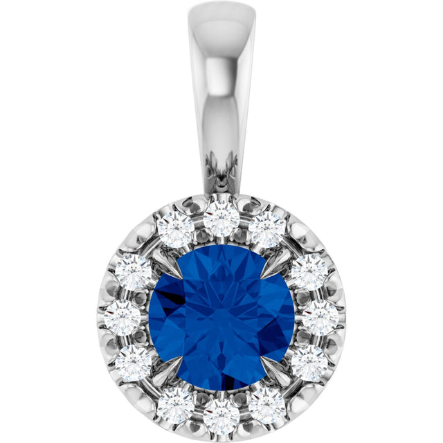 14K Gold Emerald Lab-Grown Blue Sapphire Halo-Style Necklace or Pendant - White Gold