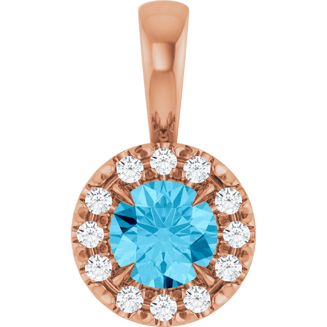 14K Gold Emerald Natural Aquamarine Halo-Style Necklace or Pendant - Rose Gold