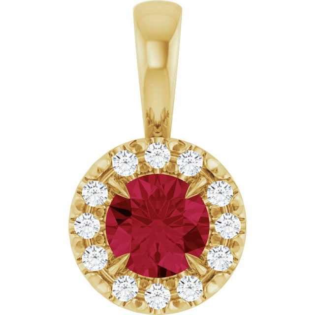 14K Gold Emerald Lab-Grown Ruby Halo-Style Necklace or Pendant - Yellow Gold