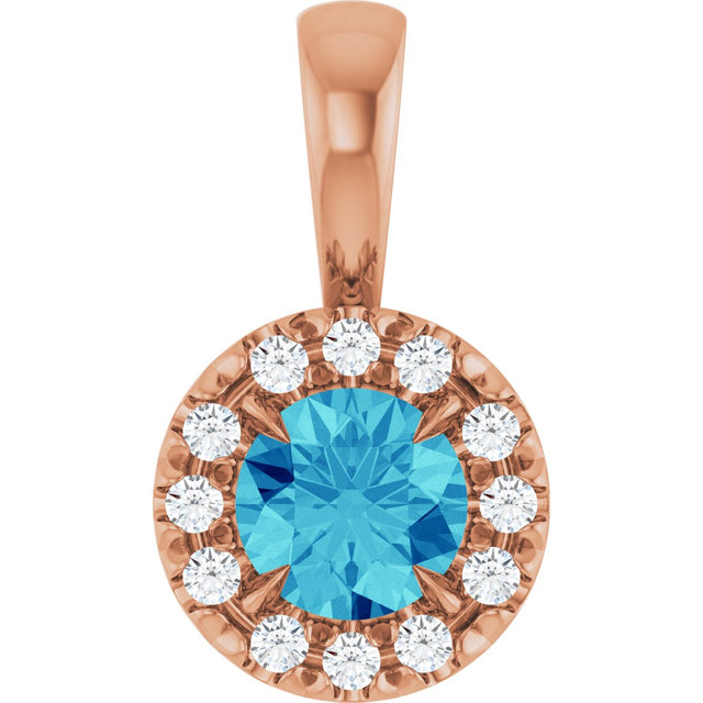 14K Gold Emerald Natural Blue Zircon Halo-Style Necklace or Pendant - Rose Gold