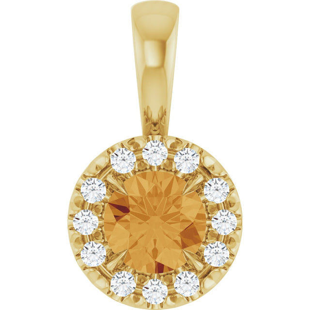 14K Gold Emerald Natural Citrine Halo-Style Necklace or Pendant - Yellow Gold