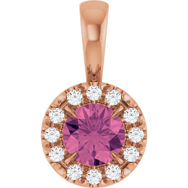 14K Gold Emerald Natural Pink Tourmaline Halo-Style Necklace or Pendant - Rose Gold