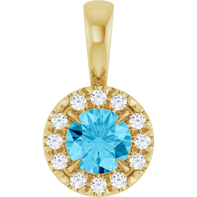 14K Gold Emerald Natural Aquamarine Halo-Style Necklace or Pendant - Yellow Gold