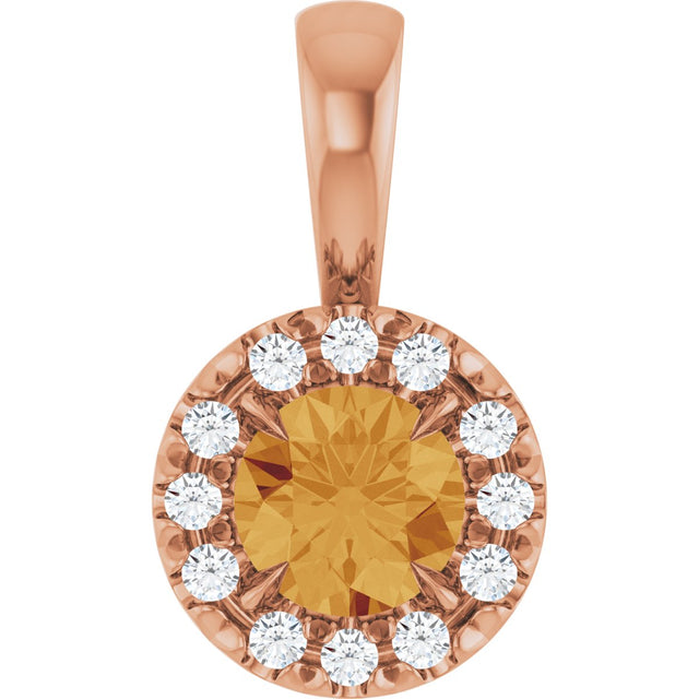 14K Gold Emerald Natural Citrine Halo-Style Necklace or Pendant - Rose Gold