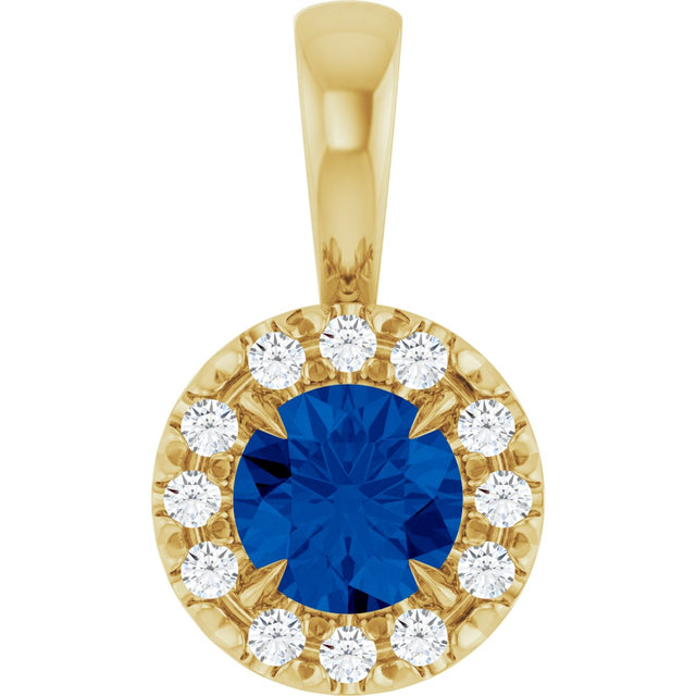 14K Gold Emerald Lab-Grown Blue Sapphire Halo-Style Necklace or Pendant - Yellow Gold
