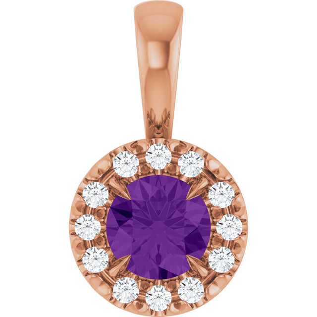 14K Gold Emerald Natural Amethyst Halo-Style Necklace or Pendant - Rose Gold