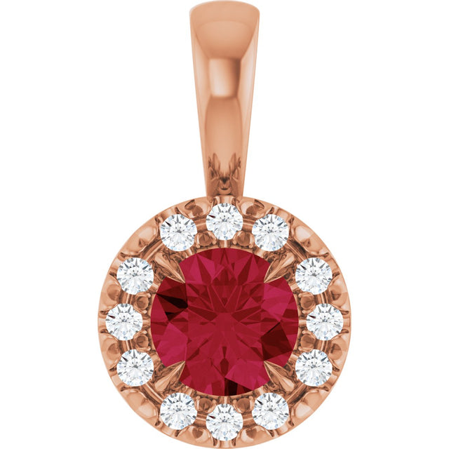 14K Gold Emerald Lab-Grown Ruby Halo-Style Necklace or Pendant - Rose Gold