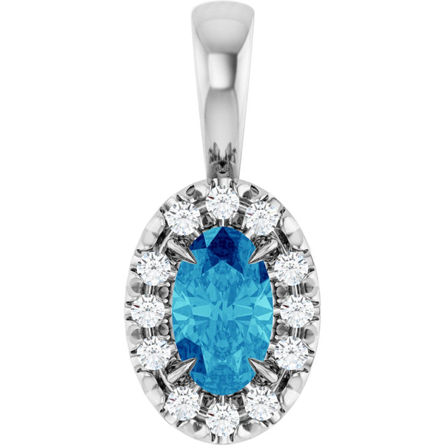 14K Gold Emerald Natural Blue Zircon Halo-Style Necklace or Pendant - White Gold