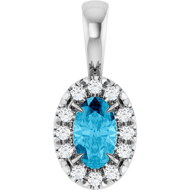 14K Gold Emerald Natural Aquamarine Halo-Style Necklace or Pendant - White Gold