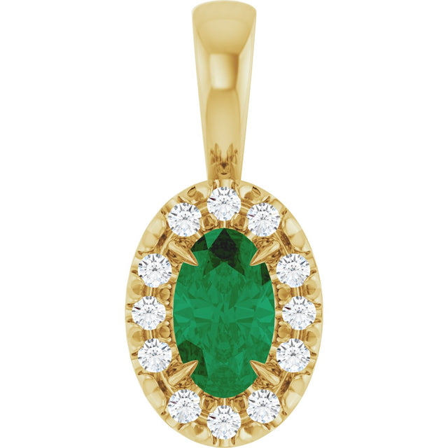 14K Gold Emerald Lab-Grown Emerald Halo-Style Necklace or Pendant - Yellow Gold