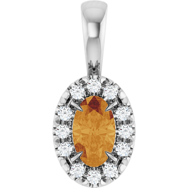 14K Gold Emerald Natural Citrine Halo-Style Necklace or Pendant - White Gold