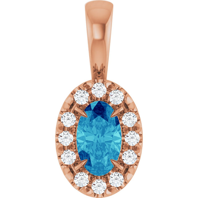14K Gold Emerald Natural Blue Zircon Halo-Style Necklace or Pendant - Rose Gold