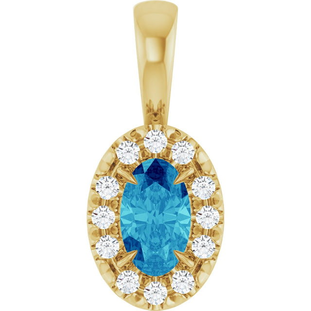 14K Gold Emerald Natural Blue Zircon Halo-Style Necklace or Pendant - Yellow Gold