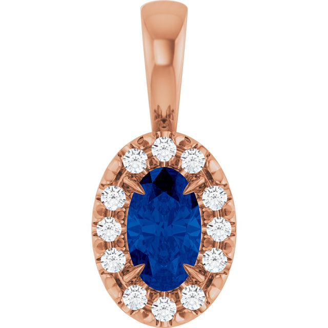 14K Gold Emerald Lab-Grown Blue Sapphire Halo-Style Necklace or Pendant - Rose Gold