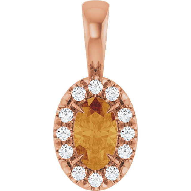 14K Gold Emerald Natural Citrine Halo-Style Necklace or Pendant - Rose Gold