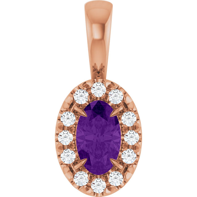 14K Gold Emerald Natural Amethyst Halo-Style Necklace or Pendant - Rose Gold