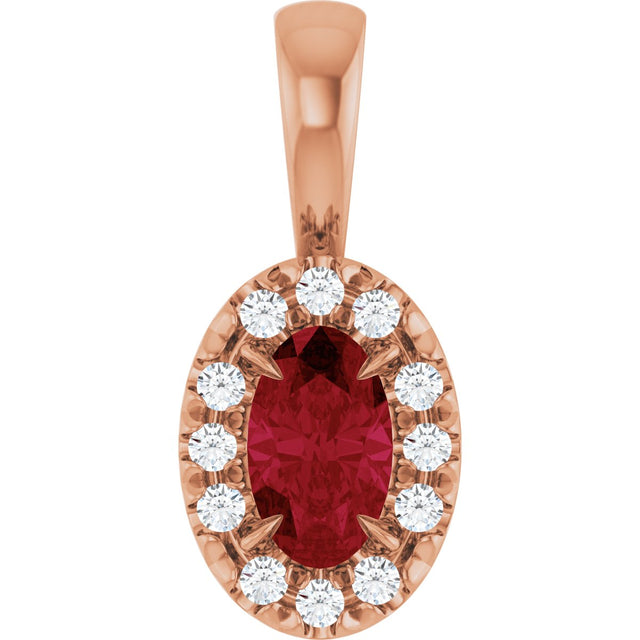 14K Gold Emerald Natural Ruby Halo-Style Necklace or Pendant - Rose Gold