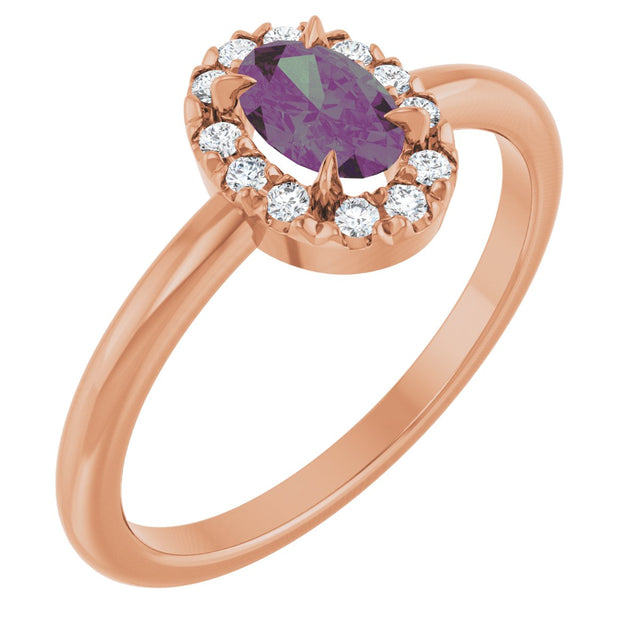 14K Gold Emerald Lab-Grown Alexandrite Halo-Style Ring - Rose Gold