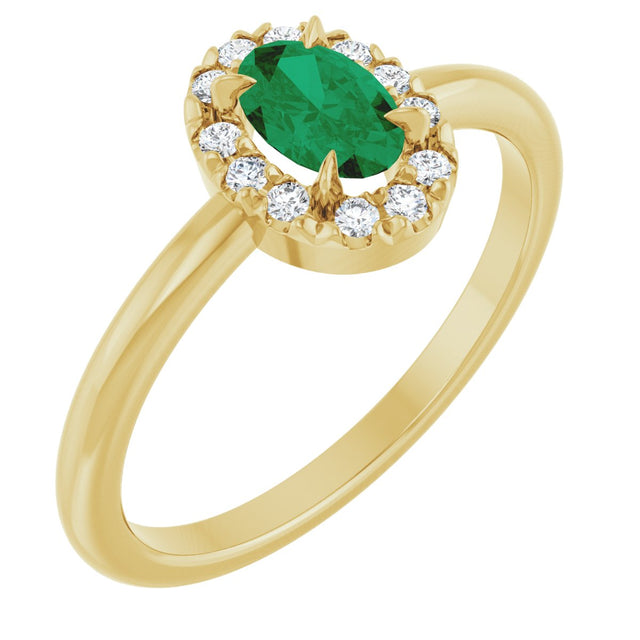 14K Gold Emerald Lab-Grown Emerald Halo-Style Ring - Yellow Gold