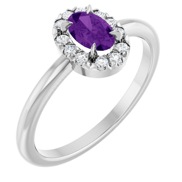 14K Gold Emerald Natural Amethyst Halo-Style Ring - White Gold