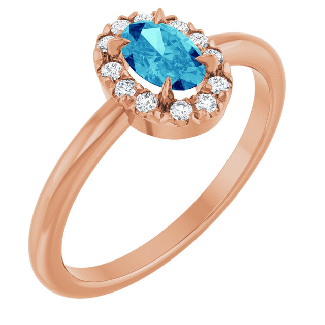 14K Gold Emerald Natural Blue Zircon Halo-Style Ring - Rose Gold