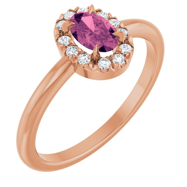 14K Gold Emerald Natural Pink Tourmaline Halo-Style Ring - Rose Gold