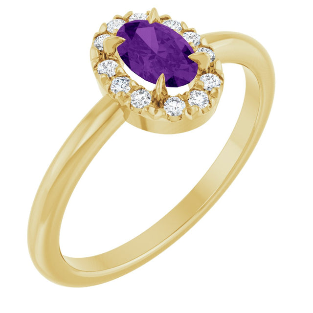 14K Gold Emerald Natural Amethyst Halo-Style Ring - Yellow Gold