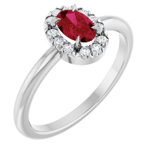 14K Gold Emerald Natural Ruby Halo-Style Ring - White Gold