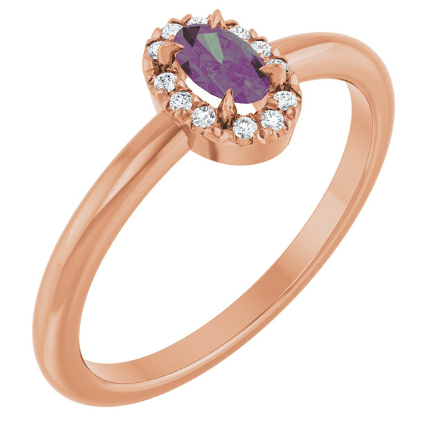14K Gold Emerald Lab-Grown Alexandrite Halo-Style Ring - Rose Gold