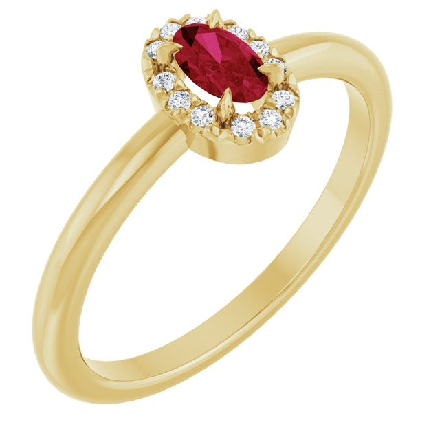 14K Gold Emerald Lab-Grown Ruby Halo-Style Ring - Yellow Gold