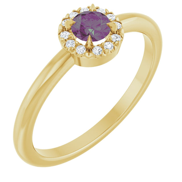 14K Gold Emerald Lab-Grown Alexandrite Halo-Style Ring - Yellow Gold