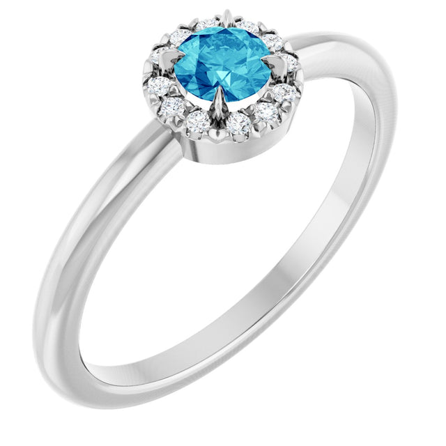 Platinum Emerald Natural Blue Zircon Halo-Style Ring