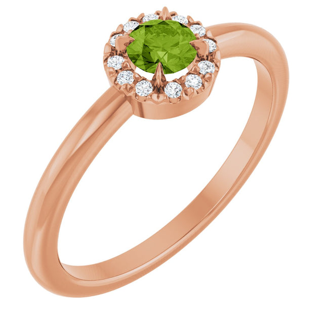 14K Gold Emerald Natural Peridot Halo-Style Ring - Rose Gold