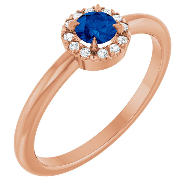 14K Gold Emerald Natural Blue Sapphire Halo-Style Ring - Rose Gold