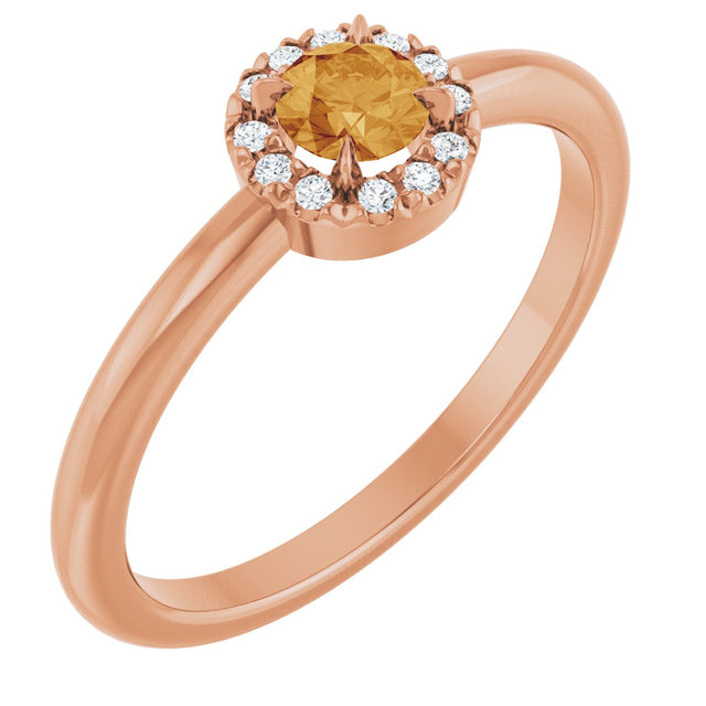 14K Gold Emerald Natural Citrine Halo-Style Ring - Rose Gold