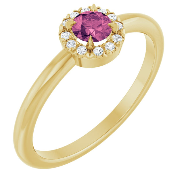 14K Gold Emerald Natural Pink Tourmaline Halo-Style Ring - Yellow Gold