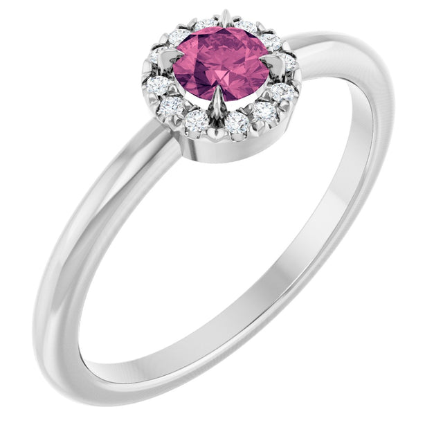 Platinum Emerald Natural Pink Tourmaline Halo-Style Ring