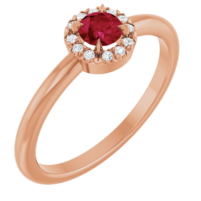 14K Gold Emerald Lab-Grown Ruby Halo-Style Ring - Rose Gold