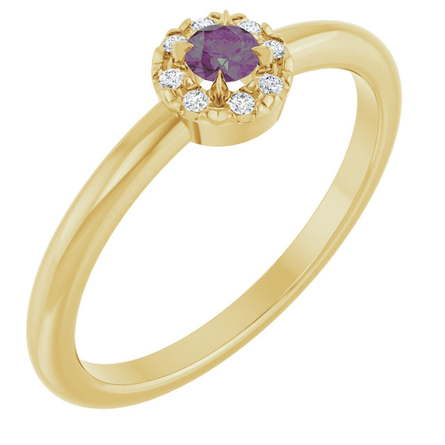 14K Gold Emerald Lab-Grown Alexandrite Halo-Style Ring - Yellow Gold