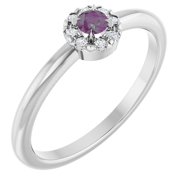 14K Gold Emerald Lab-Grown Alexandrite Halo-Style Ring - White Gold