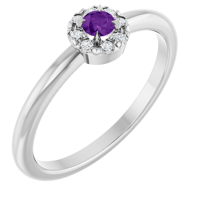 Platinum Emerald Natural Amethyst Halo-Style Ring