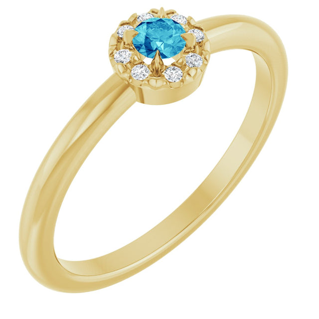 14K Gold Emerald Natural Blue Zircon Halo-Style Ring - Yellow Gold