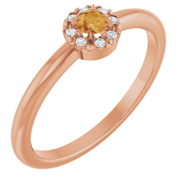 14K Gold Emerald Natural Citrine Halo-Style Ring - Rose Gold