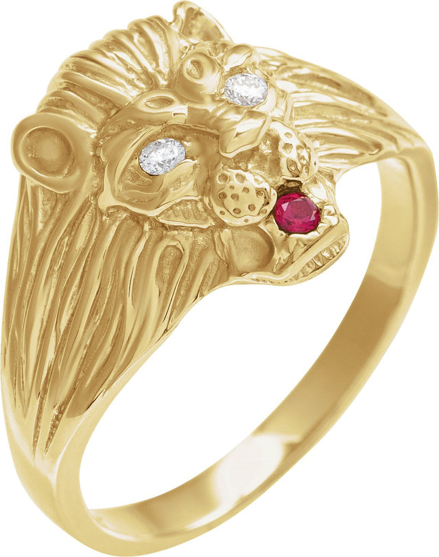 14K Gold Round Natural Diamond Lion Head Ring - Yellow Gold