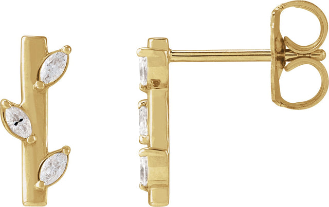 14K Gold Marquise Natural Diamond Floral Bar Earrings - Yellow Gold