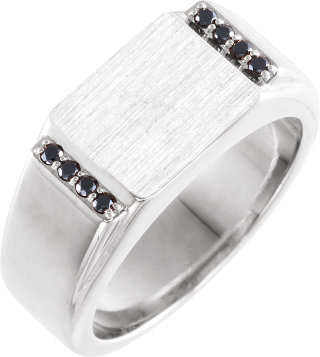 Platinum Round Natural Black Diamond Rectangle Signet Ring