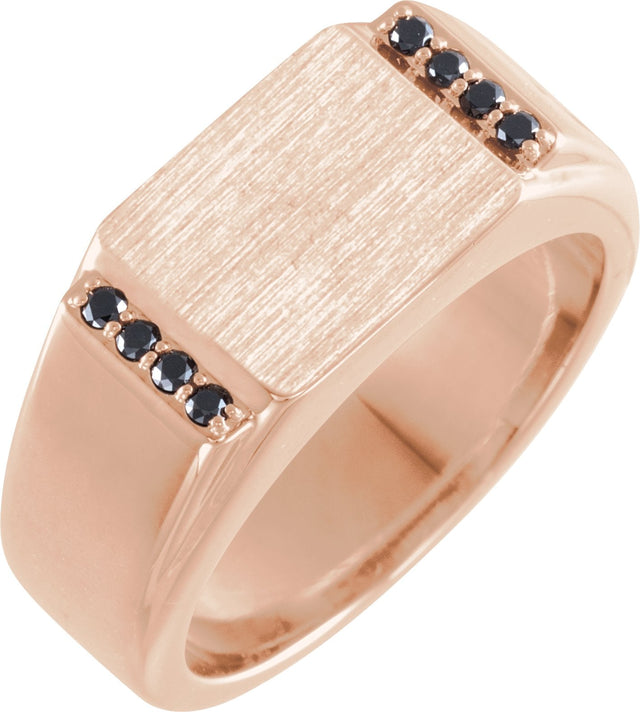 14K Gold Round Natural Black Diamond Rectangle Signet Ring - Rose Gold