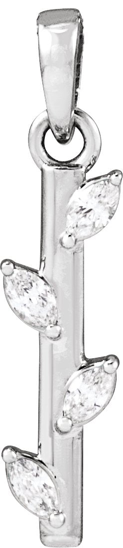 14K Gold Marquise Natural Diamond Floral Bar Necklace or Pendant - White Gold
